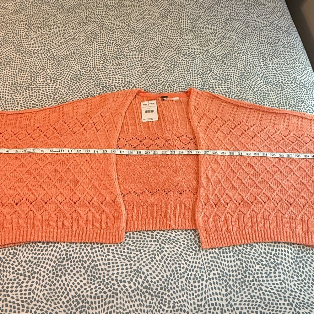Free People | Textured Knit Open Front Cardigan, "Pinched Cheeks Combo" Coral - Picture 4 of 10